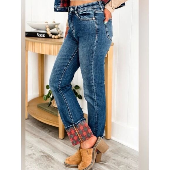Judy Blue Denim - Judy Blue Medium Blue Straight-Leg Jeans with Buffalo Plaid Cuff